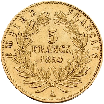 Second Empire, 5 francs tête nue, petit module, 1854 Paris, tranche lisse