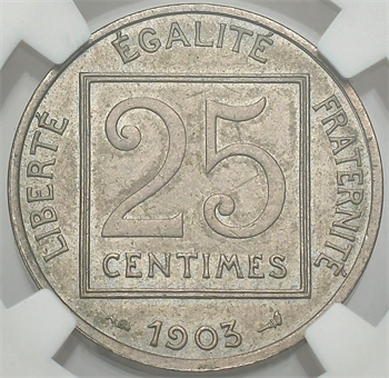 IIIe République, piéfort de 25 centimes Patey en nickel, 1903 Paris NGC MS65