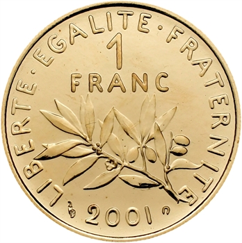 Ve République, 1 franc Semeuse Or, Brillant Universel, 2001 Pessac