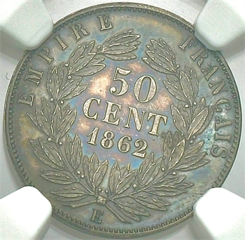 Second Empire, paire d&rsquo;essais unifaces (avers et revers) de 50 centimes tête laurée, par Barre (avec E), 1862 Paris, NGC PF62 et PF63