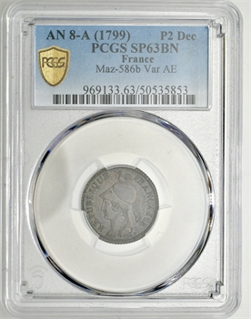 Consulat, essai du 2 décimes de Lorthior, An 8 (1799-1800) Paris PCGS SP63BN