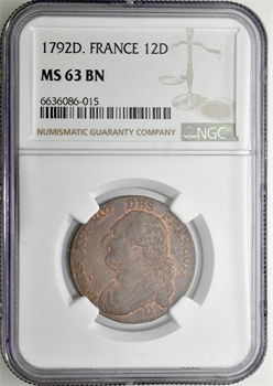 Constitution, 12 deniers FRANÇOIS, An 4, 2d semestre, 1792 Lyon NGC MS63BN