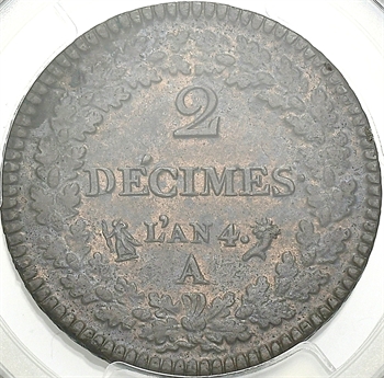 Directoire, 2 décimes Dupré, An 4 Paris, PCGS MS62BN