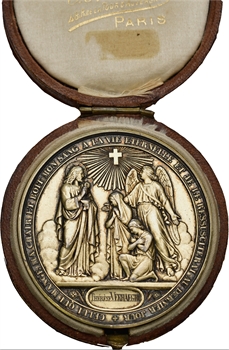 IIIe République, médaille en vermeil du baptême au mariage, par Borrel, 1880-1905 Paris