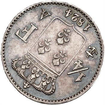 Louis XVIII, 1/4 de franc, 1824 Paris variété axe décalé