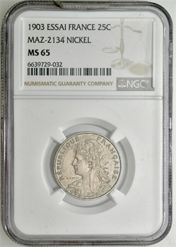 IIIe République, piéfort de 25 centimes Patey en nickel, 1903 Paris NGC MS65