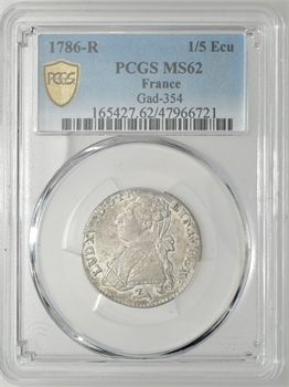 Louis XVI, cinquième d’écu aux rameaux d’olivier, 1786 Orléans PCGS MS62