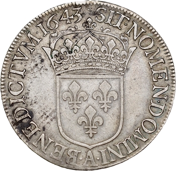 Louis XIII, écu d’argent, 3e type (2e poinçon), 1643 Paris (point)