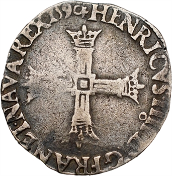 Henri IV, quart d&rsquo;écu, croix bâtonnée et couronnée de face, 1590 Rennes