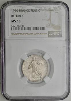 IIIe République, 1 franc Semeuse, 1920 Paris NGC MS65
