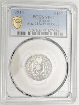 IIIe République, essai-piéfort de 10 centimes, 1914 Paris, PCGS SP64