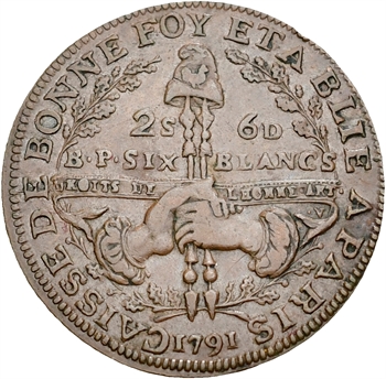 Constitution, Caisse de Bonne Foi, 6 blancs ou 2 sols 6 deniers, An 3, 1791 Paris