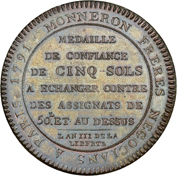 Constitution, cinq sols de Monneron au serment var. XIIII, An III, 1791 Birmingham