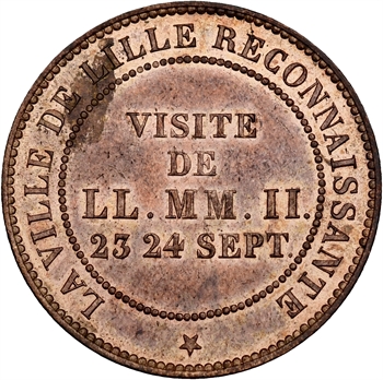 Second Empire, dix centimes tête nue, visite de la Bourse de Lille, 1853 Lille