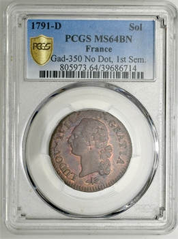 Louis XVI, sol de bronze, 1791, 1er semestre, Lyon PCGS MS64BN