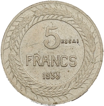 IIIe République, essai de 5 francs par Cochet, petit module, 1933 Paris