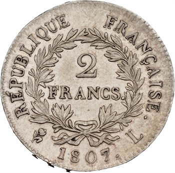 Premier Empire, 2 francs calendrier grégorien, 1807 Bayonne