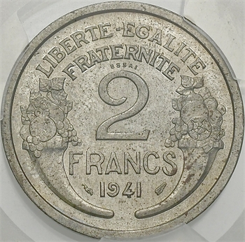 État français, essai de 2 francs Morlon en fer, poids lourd, 1941 Paris, PCGS SP65