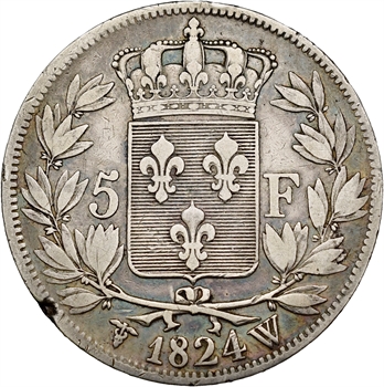 Louis XVIII, 5 francs buste nu, 1824 Lille