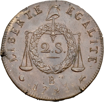 Convention, deux sols aux balances, refrappe, 1793 Rouen