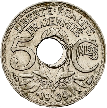 IIIe République, 5 centimes Lindauer variété trou décentré, 1939 Paris