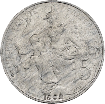 IIIe République, essai de 5 centimes Daniel-Dupuis, aluminium, 1908 Paris