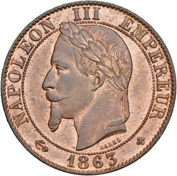 Second Empire, cinq centimes tête laurée, 1863 Strasbourg