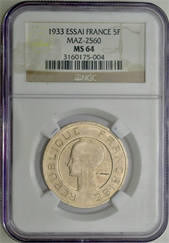 IIIe République, essai de 5 francs par Cochet, 1933 Paris, NGC MS64