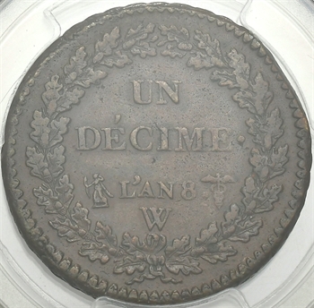 Directoire, un décime Dupré, An 8 Lille, PCGS AU53