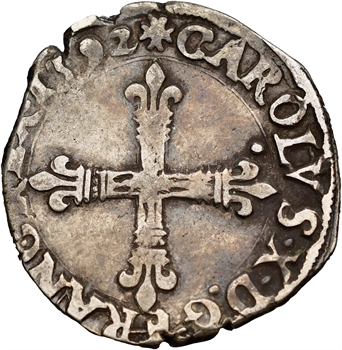 Charles X, quart d&rsquo;écu, croix de face, 1592 Nantes