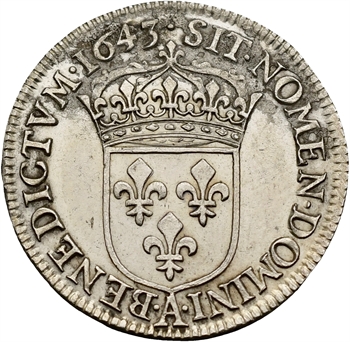 Louis XIII, quart d&rsquo;écu d&rsquo;argent, 3e type (2e poinçon), 1643 Paris