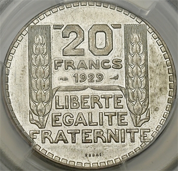 IIIe République, essai-piéfort de 20 francs Turin en argent, 1929 Paris, PCGS SP63