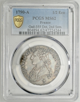 Louis XVI, demi-écu aux branches d’olivier, 1790, 1er semestre, Paris PCGS MS62