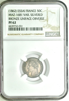 Second Empire, paire d&rsquo;essais unifaces (avers et revers) de 50 centimes tête laurée, par Barre (avec E), 1862 Paris, NGC PF62 et PF63