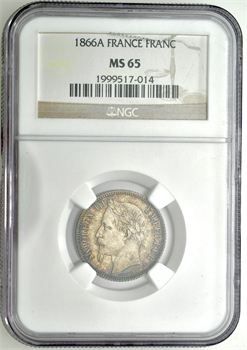 Second Empire, 1 franc tête laurée, 1866 Paris, NGC MS65