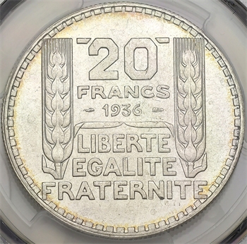IIIe République, 20 francs Turin, 1936 Paris, PCGS MS65