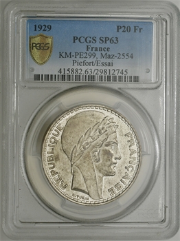 IIIe République, essai-piéfort de 20 francs Turin en argent, 1929 Paris, PCGS SP63