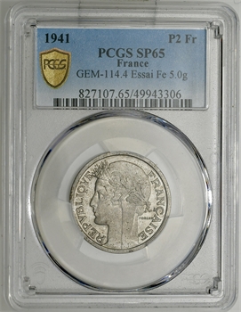 État français, essai de 2 francs Morlon en fer, poids lourd, 1941 Paris, PCGS SP65