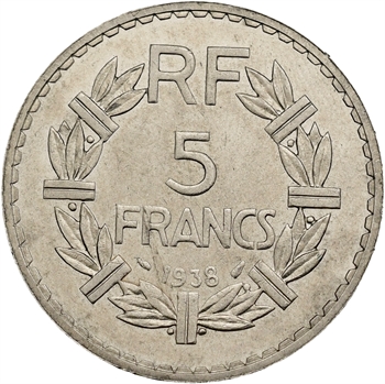 IIIe République, 5 francs Lavrillier en nickel, 1938 Paris
