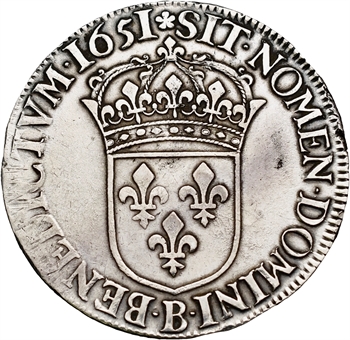 Louis XIV, écu à la mèche longue, 1651 Rouen