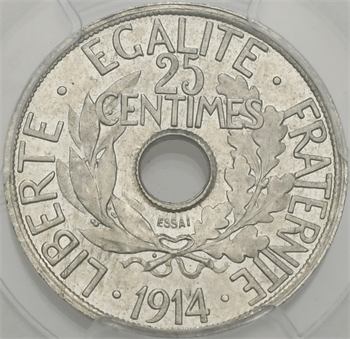 IIIe République, essai de 25 centimes par Delpech, grand module, 1914 Paris PCGS SP66