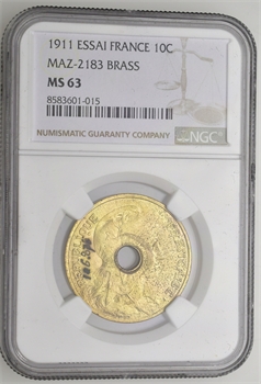IIIe République, essai de 10 centimes Daniel-Dupuis perforé, en laiton, 1911 Paris, NGC MS63