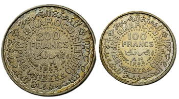 Maroc, Mohammed V, coffret de deux essais de 100 et 200 francs, AH 1372 (1953) Paris