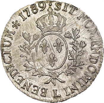 Louis XVI, écu aux branches d’olivier, 1789 Bayonne