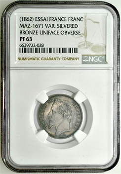 Second Empire, paire d&rsquo;essais unifaces (avers et revers) de 1 franc tête laurée, par Barre (avec E), 1862 Paris, NGC PF63 et PF62
