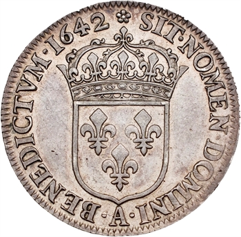 Louis XIII, quart d&rsquo;écu d&rsquo;argent, 3e type (2e poinçon), 1642 Paris (rose)