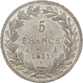 Louis-Philippe Ier, 5 francs Tiolier avec le I, tranche en relief, 1831 Paris
