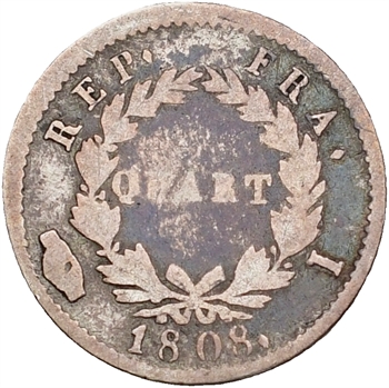 Premier Empire, quart de franc tête laurée, 1808 Limoges