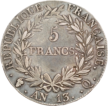 Premier Empire, 5 francs tête nue, calendrier révolutionnaire, An 13 Perpignan