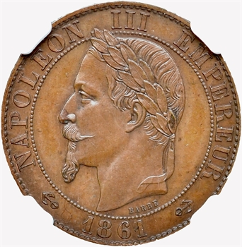 Second Empire, paire d’essais unifaces de 5 centimes tête laurée, 1861 Paris, NGC MS64BN